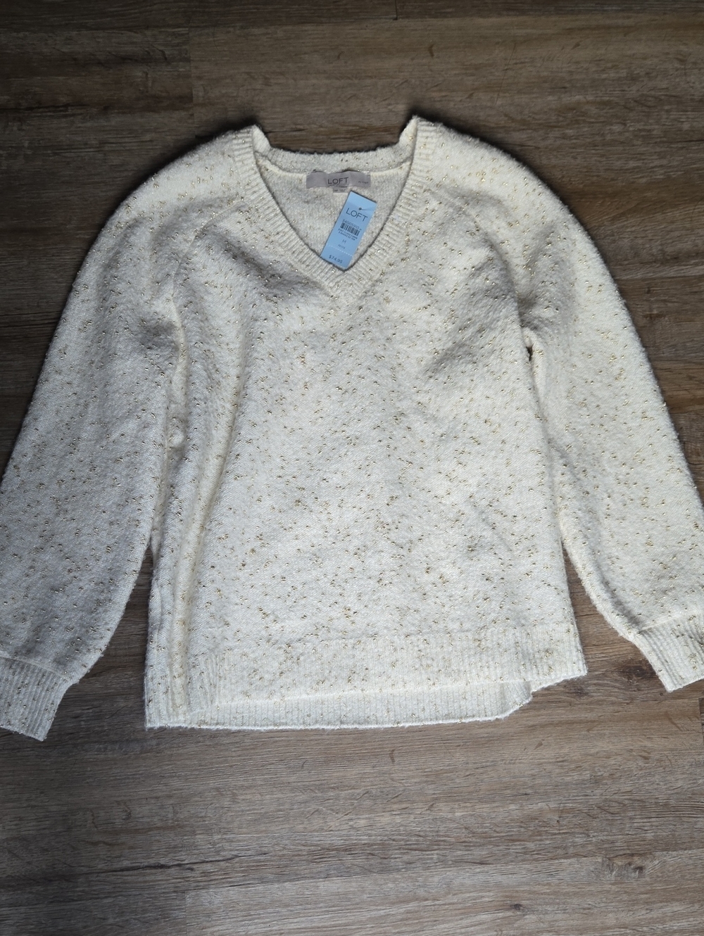 LOFT Cream V-Neck Sweater with Gold Fleck